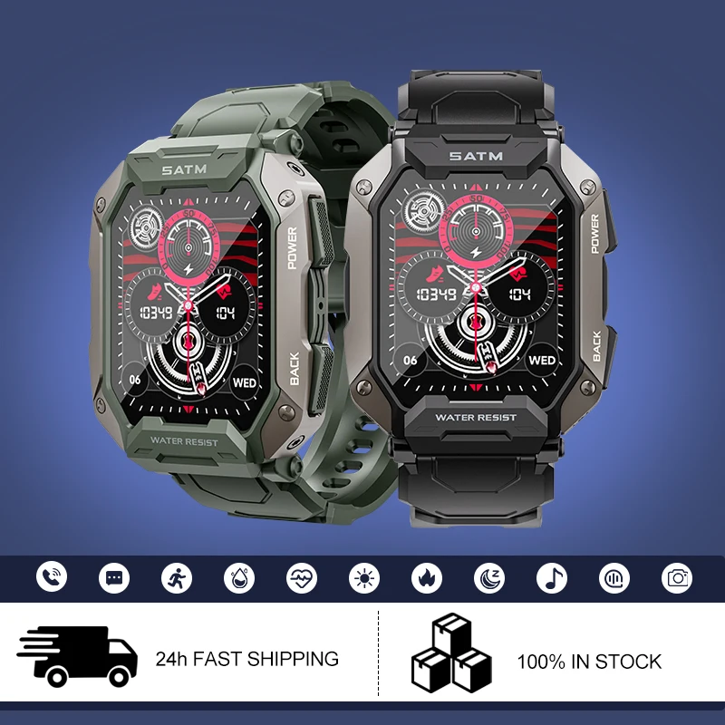 2024 NEW C20 Military Smart Watch Men Outdoor BT Wireless Call 5ATM Waterproof Heart Rate Blood Oxygen Monitor Smartwatch