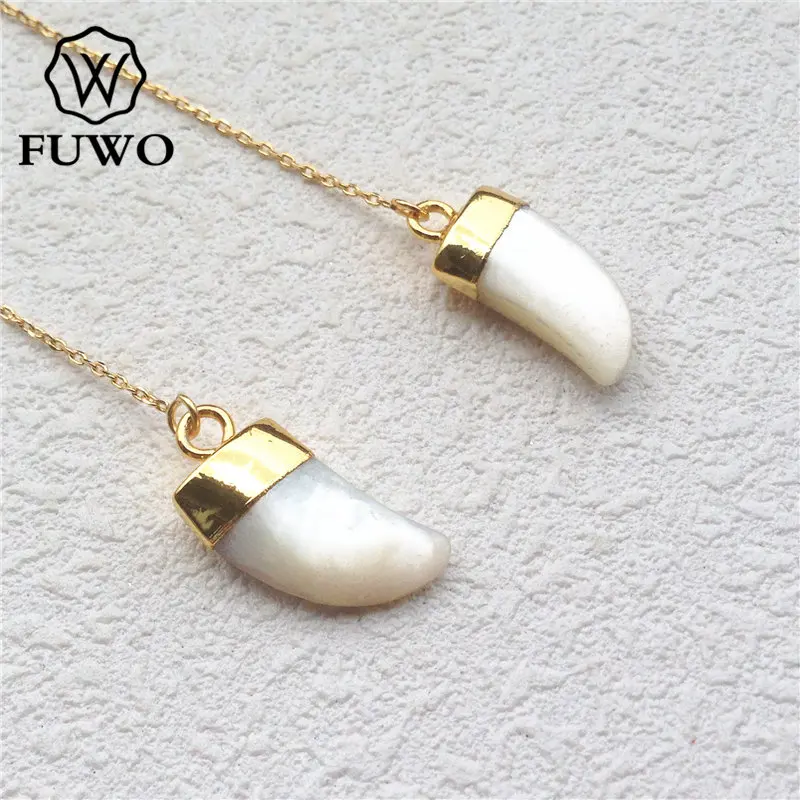 FUWO Wholesale Natural Freshwater Pearl Threader Earrings With Golden Plated Shell Horn Jewelry Gift For Women 5Pairs/Lot ER537