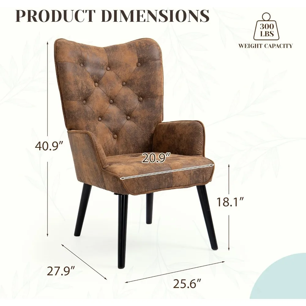 WingBack Chair, Rustic Accent Chair with Arms Upholstered, Button Backrest for Living Room (Brown)