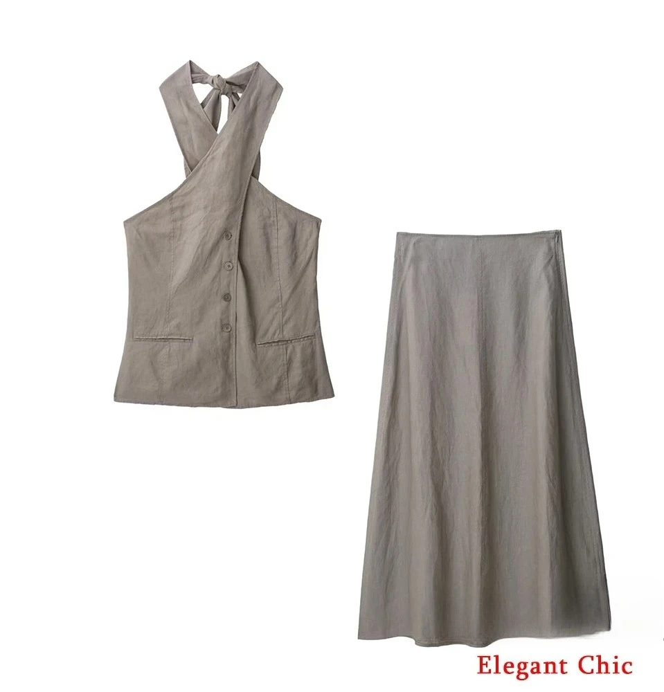 

KONDALA женский летний комплект с лямкой на шее High Street, женский топ с лямкой на шнуровке или длинная юбка, 2024, летний модный праздничный комплект с женской юбкой