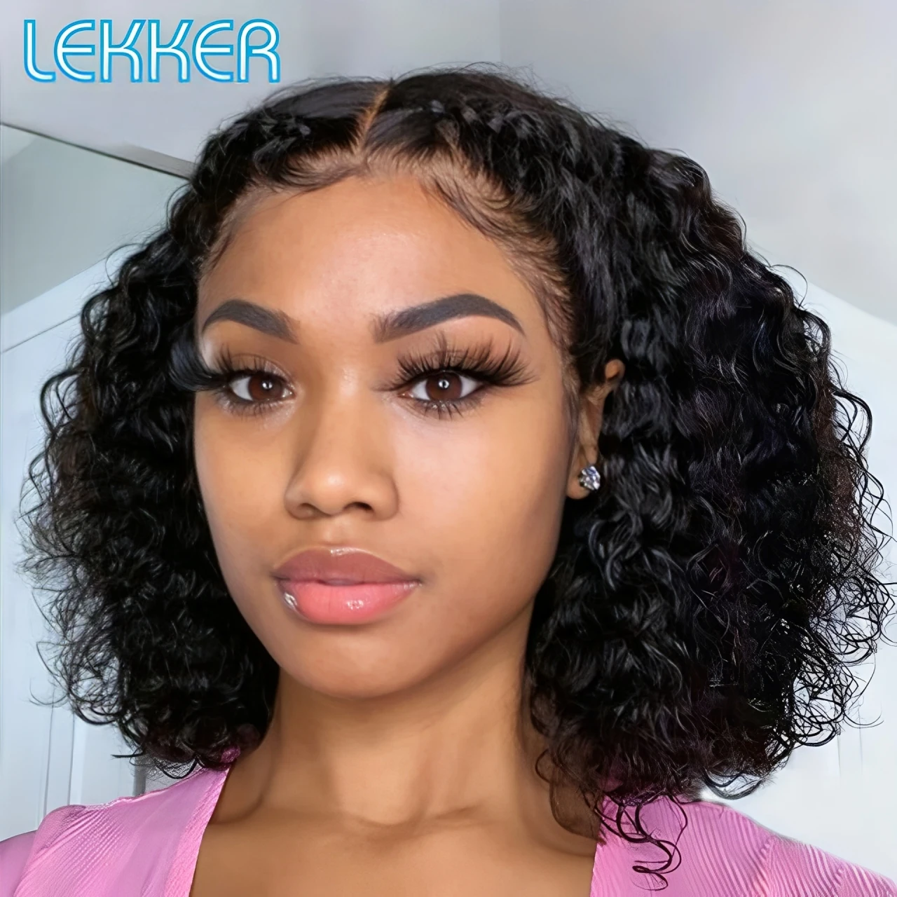 

Lekker Clearance Black Short Pixie Cut Curly Bob Middle Part Lace 100% Human Hair Wigs For Women Brazilian Remy Hair No Glue