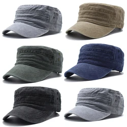 Unisex Vintage Flat Top Hat Classic Washed Caps Adjustable Fitted Thicker Denim Army Hats Autumn Winter Sun Hat Military Caps