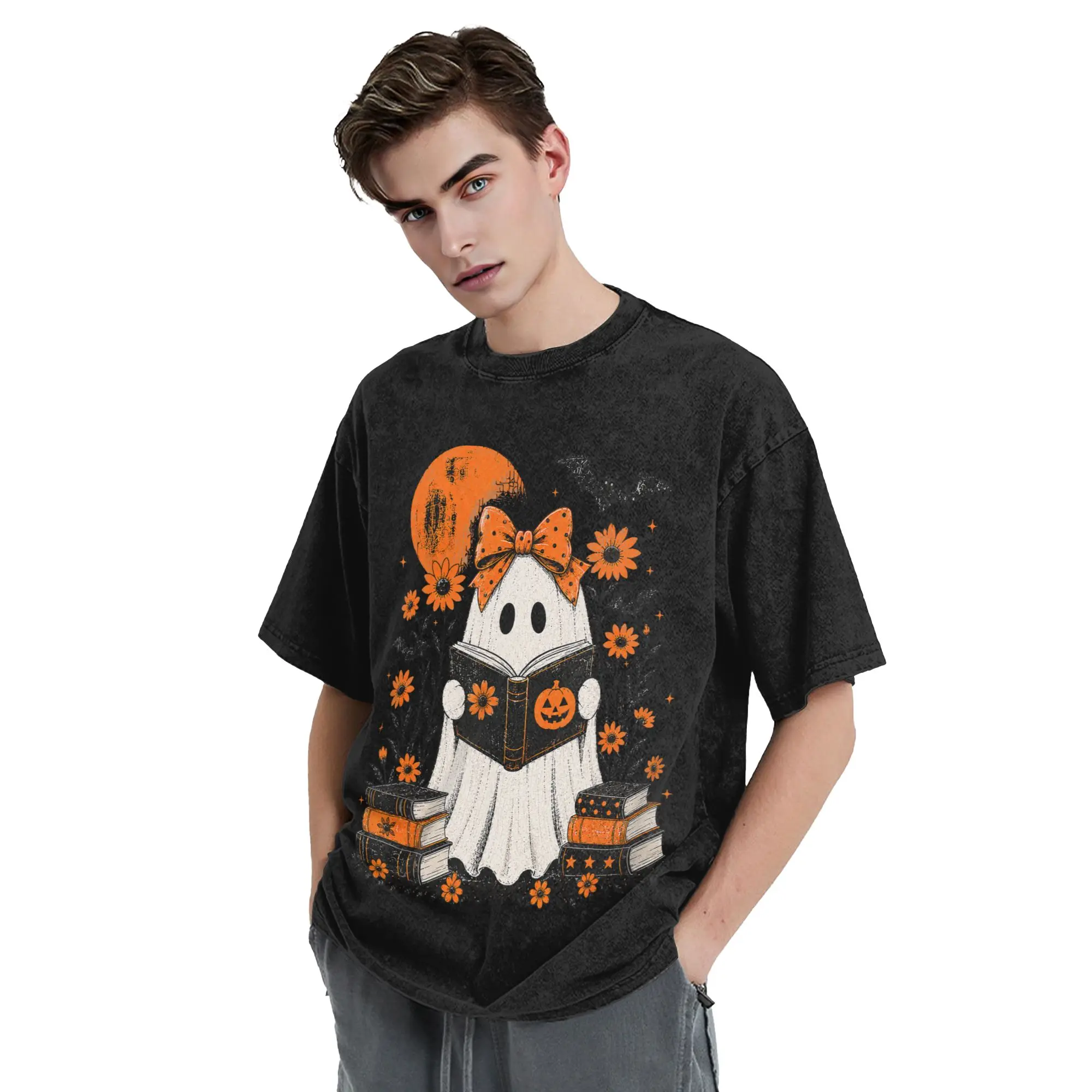 Washed T Shirts Halloween Ghost Reading Book T-Shirt Oversize Pumpkin Streetwear 100% Cotton Graphic Tops Tees for Men Women
