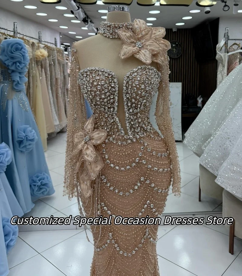 فساتين سهرة مخصصة من الكريستال الشامبانيا للنساء رائعة مصنوعة يدويًا من الزهور لحفلات الزفاف فستان طويل حورية البحر للحفلات الراقصة