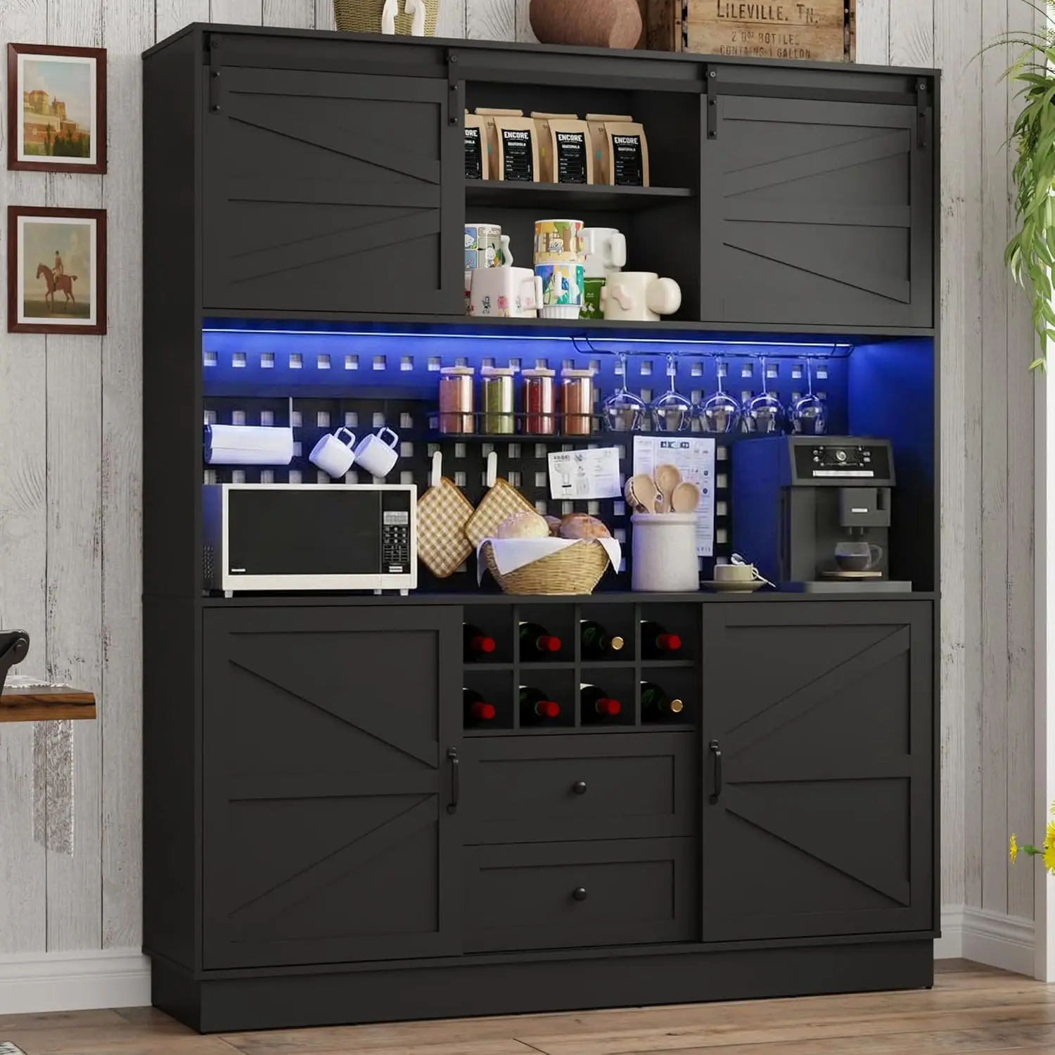 

75”Tall 63"W Extra Large LED Farmhouse Kitchen Pantry Storage Hutch Cabinet w/Power Outlet,Pegboard,Coffee Bar, Customized