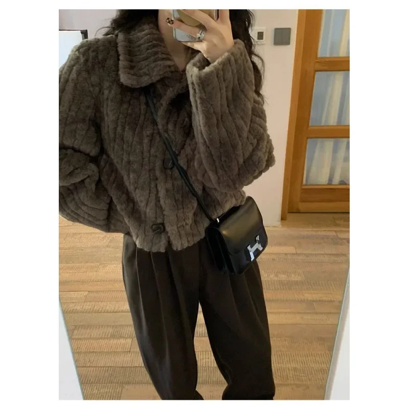 

Thicken Fur Jacket Women Street Turtleneck Long Sleeve LooseFemale Coat 2023 Autumn Winter Vintage Solid Warm Lady Outcoat