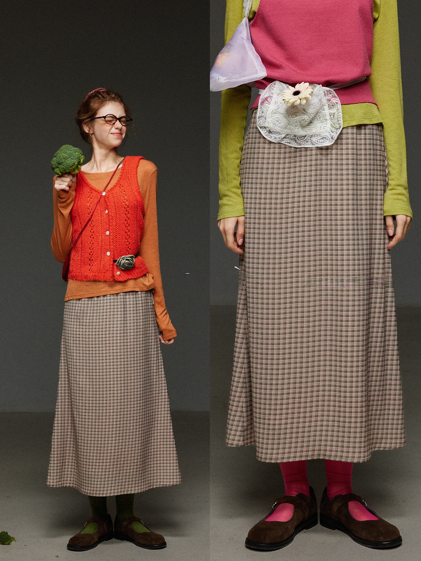 

TNIT Retro High Waist Plaid Slimming Half Skirt Women's Casual Simple High-End Spring City Commute Straight A-Line Skirt