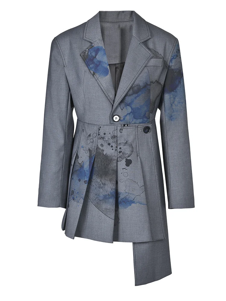 EAM-Blazer plissé à manches longues pour femmes, motif gris, veste Aadt Fit, revers, mode printemps automne, nouveau, 1N119, 2024