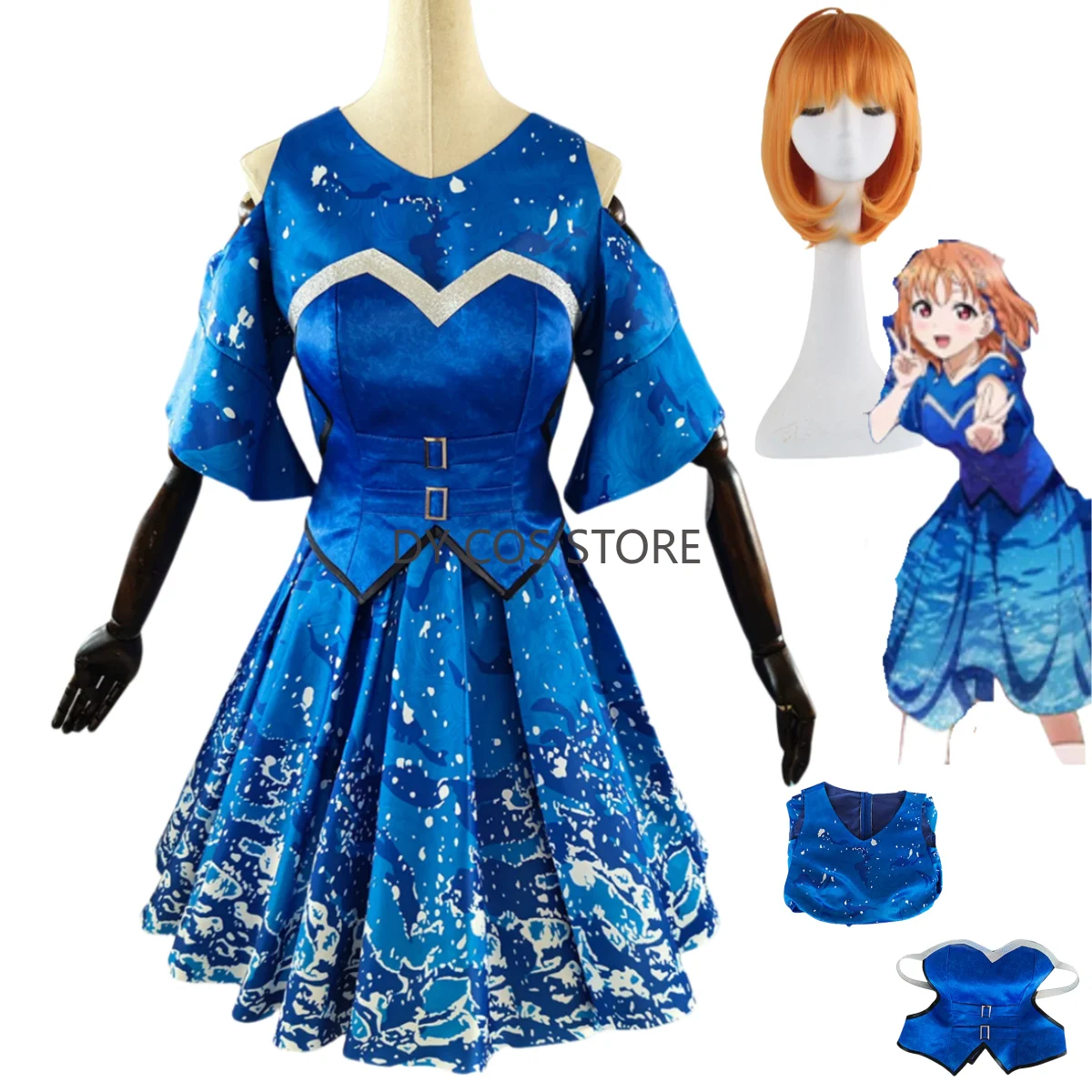 Аниме LoveLive!Саншайн!! Aqours Takami Chika Косплей Костюм Синее Вечернее Платье Парик Женский Сексуальный Карнавальный Рождественский Костюм Аниме LoveLive!Саншайн!! Aqours Takami Chika Косплей Костюм Синее Вечернее Платье Парик Женский Сексуальный Карнавальный Рождественский Костюм