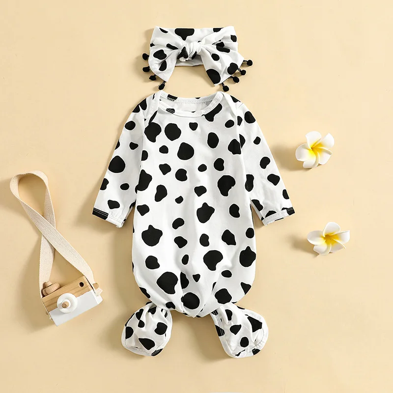 ZZLBUF Infant Newborn Baby Girls Cow Floral Sleep Gown Headband Long Sleeve Sleepwear Romper Sleeping Bags Outfits