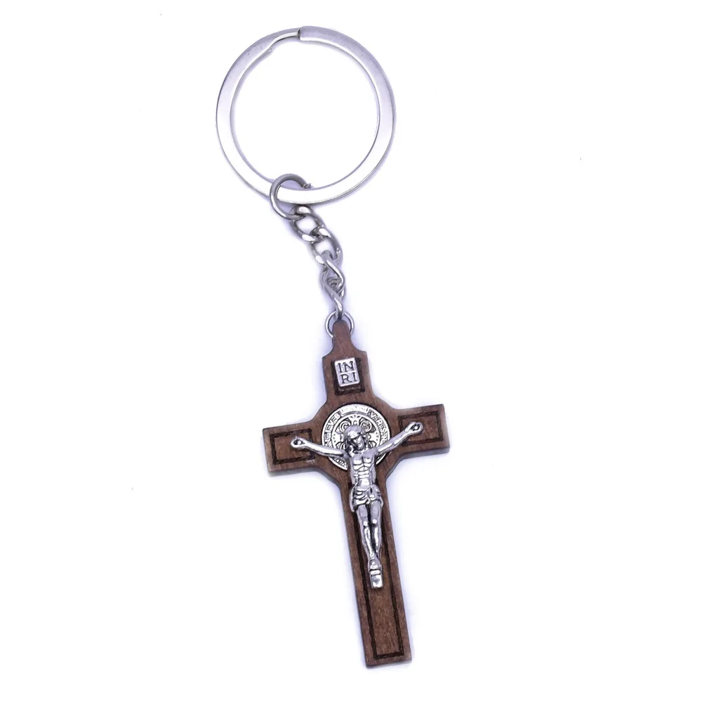 Brown Wooden Saint Benedict Key Chain Pendant For Woman Men Cross Jesus  Chains Catholicism Religious Jewelry