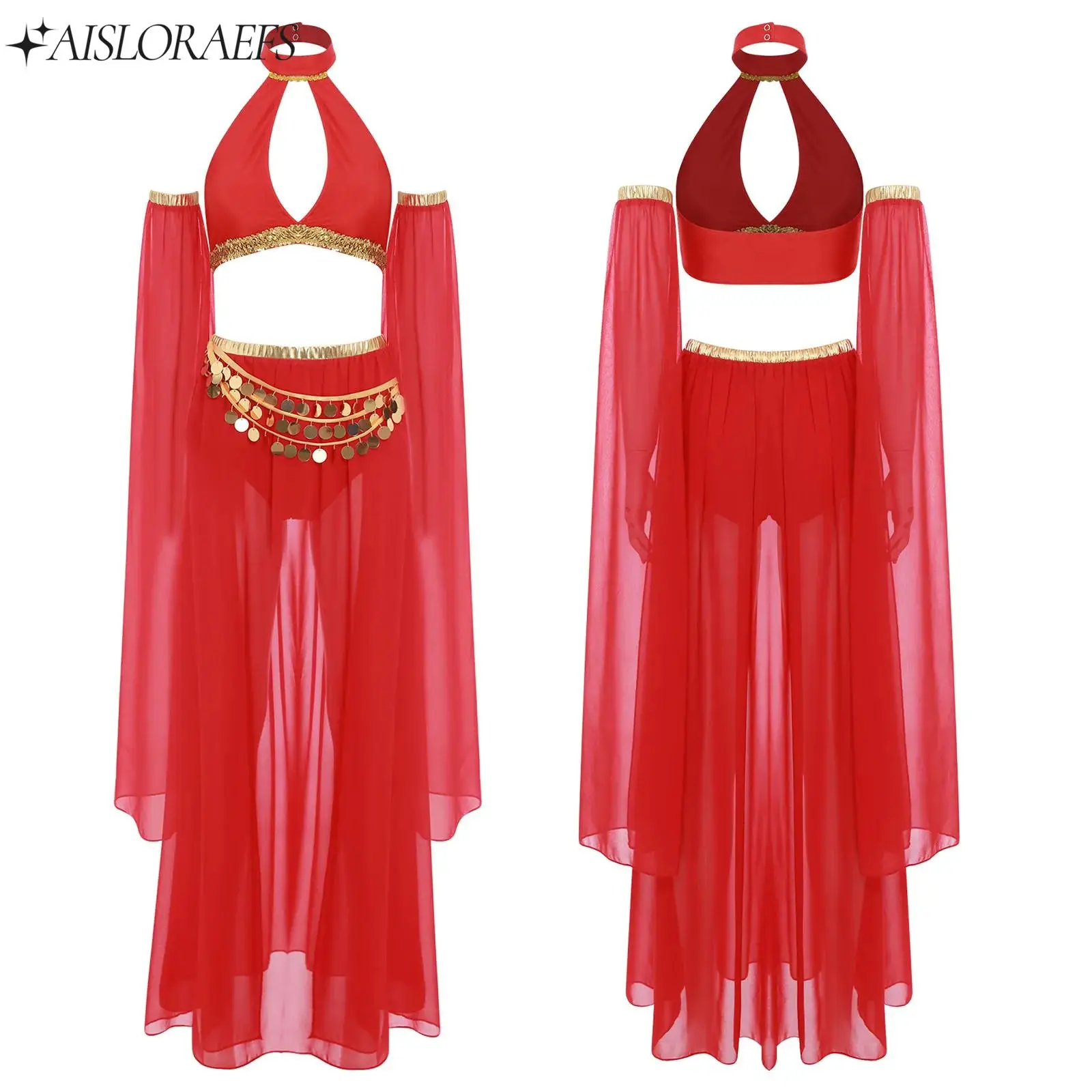 

Womens Belly Dance Performance Outfit Hollow Out Halter Crop Top Shorts Chiffon Skirt And Removable Sleeves Ethnic Dance Clothes