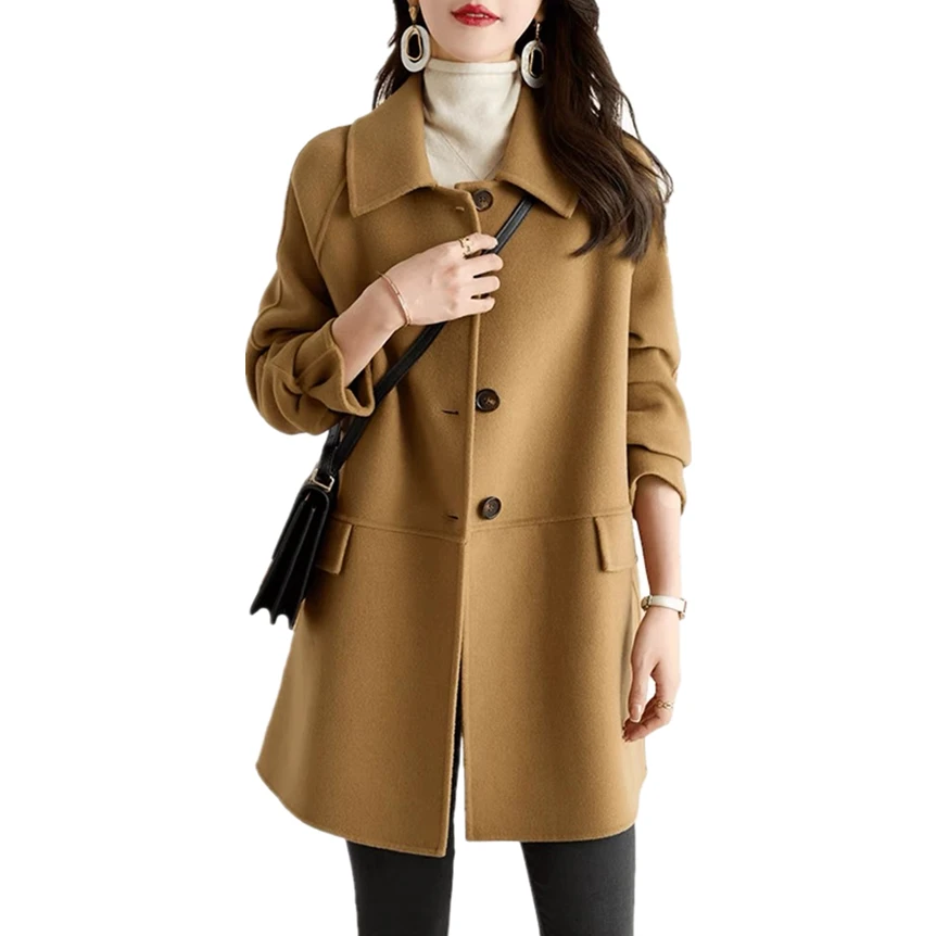 

Autumn Winter Women's Woolen Coat Casual Chic Khaki Color Faionable Korean Sle High Quali Polyester Fiber Straight Cut