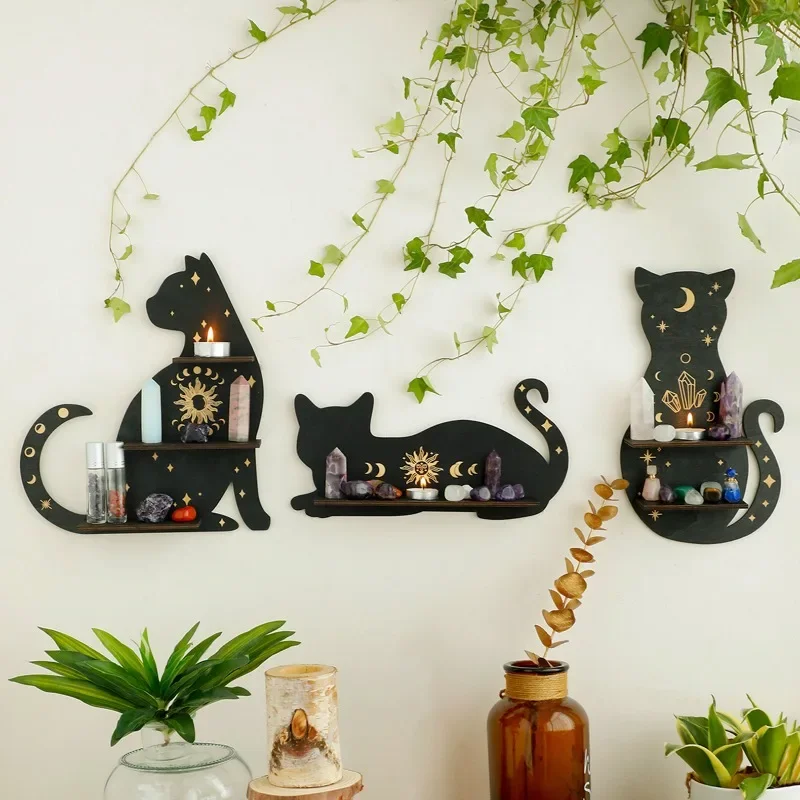 Black Cat Wooden Shelf Moon Phase Floating Shelf Chakra Crystal Holder Stone Display Stand Wall Decor Witchy Home Decorations