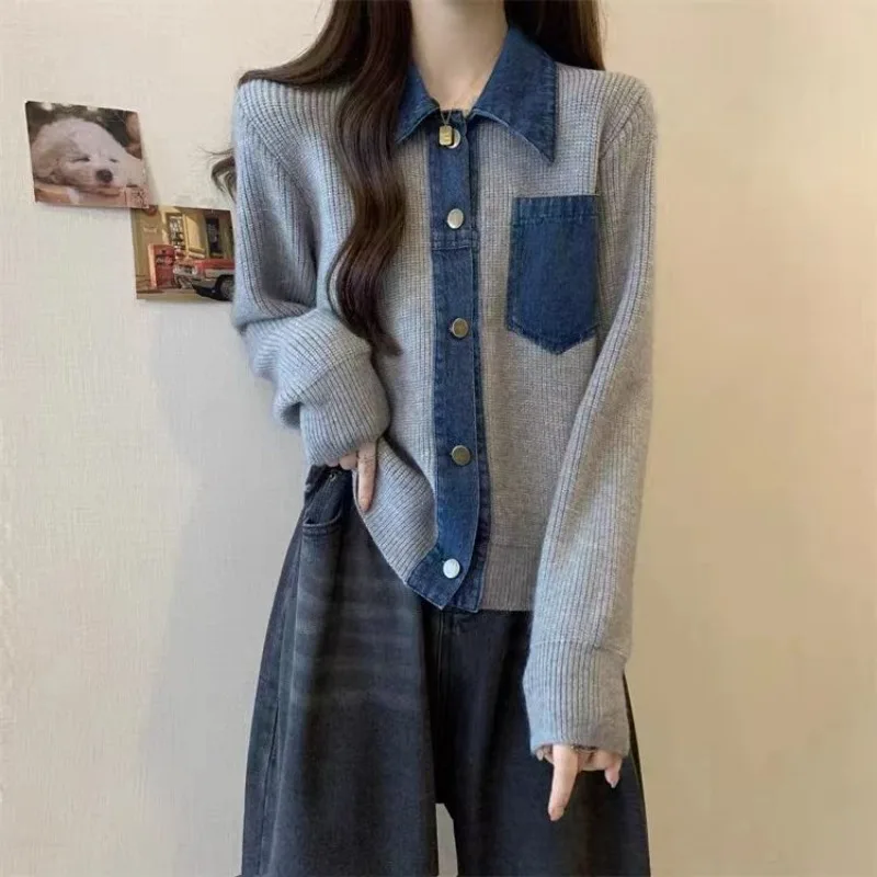 

Design Sense Autumn Winter PoIo Collar Stitched Denim Knitted Cardigan Commuting Sweater Women's Loose and Thin Fashion Jacket