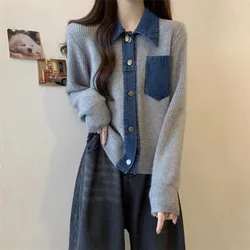 Design Sense Autumn Winter PoIo Collar Stitched Denim Knitted Cardigan Commuting Sweater Women's Loose and Thin Fashion Jacket