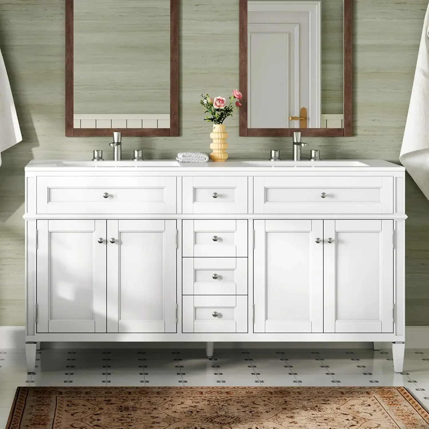 

60in Double Sink Bathroom Vanity Solid Wood Cabinet 3 Drawers Adjustable Shelves White, Customized