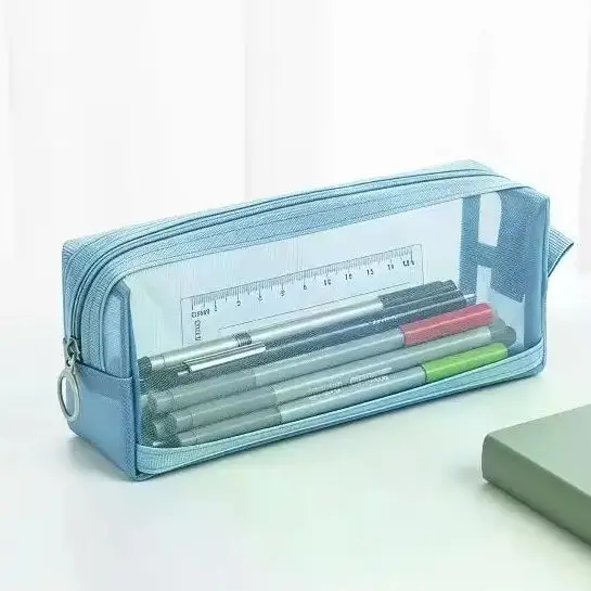 Double Zipper Compartments Transparent Mesh Surface For Students School Office Stationery Storage Multi Color Mesh Pencil Pouch