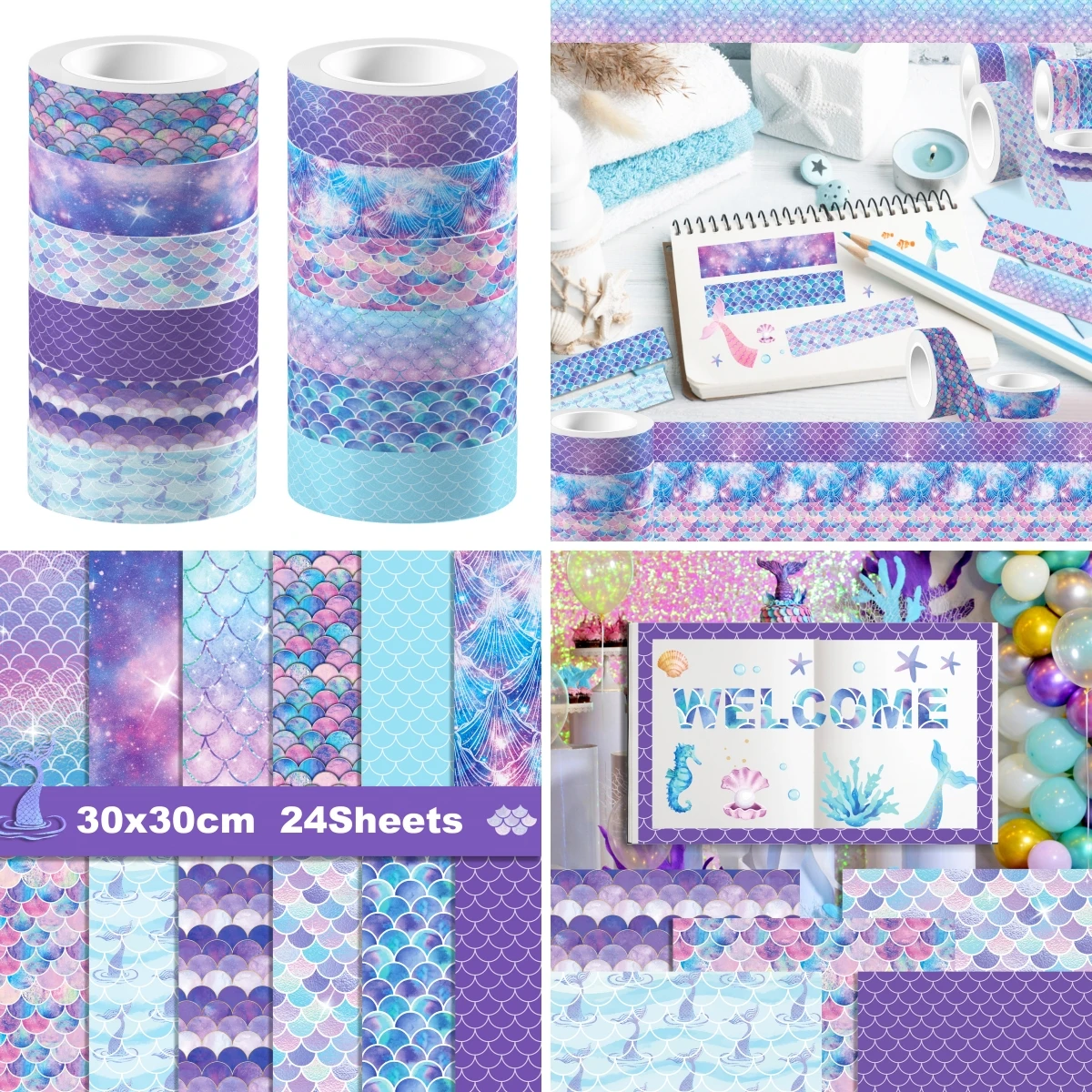 Cartoon Purple Mermaid Scale Pattern Washi Tape and Scrapbook Paper Scrapbooking Pad Background Card Making DIY Craft Decoration