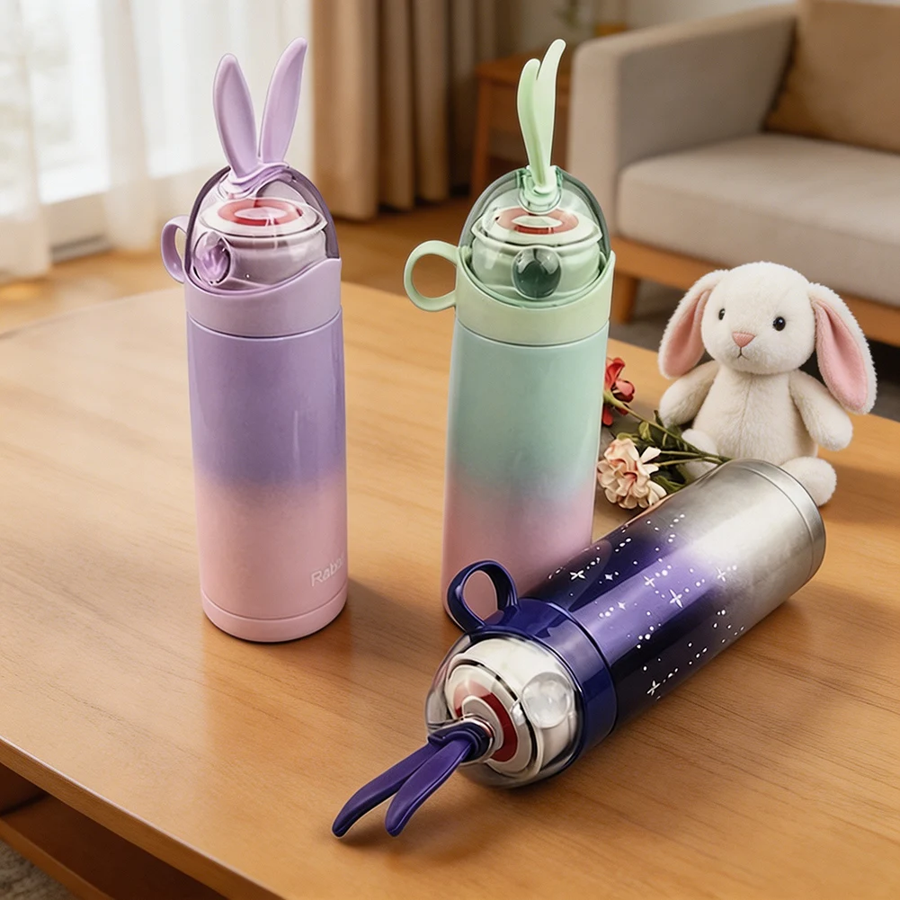 350ml Cute Animal Vacuum Flask Girls Water Bottle Compact & Portable Rabbits Shape Leakproof Travel Mug Outdoor Travel Companion