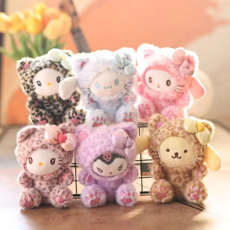 LLavero de peluche Kawaii de Hello Kitty, bonito bolso de muñeca, dije con lazo, estampado de leopardo, tirador de cremallera, regalo, juguetes de peluche para niñas, 1 Uds.