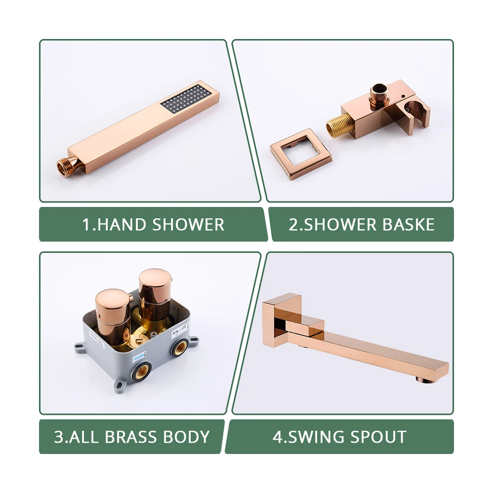 Imagem -06 - Torneira Termostática de Ouro Rosado Modos Conjunto de Torneira de Chuveiro Montagem na Parede Banheiro Quadrado Chuveiro de Mão Sistema de Chuveiro