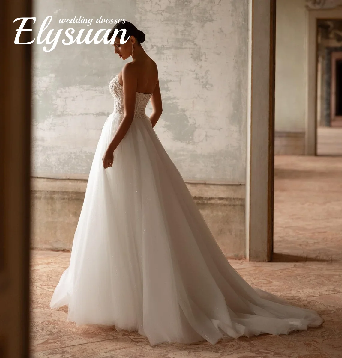 تخصيص أنيقة قبالة الكتف فستان الزفاف الكرة الأميرة الترتر الدانتيل مشد ضيق كم طويل فستان الزفاف