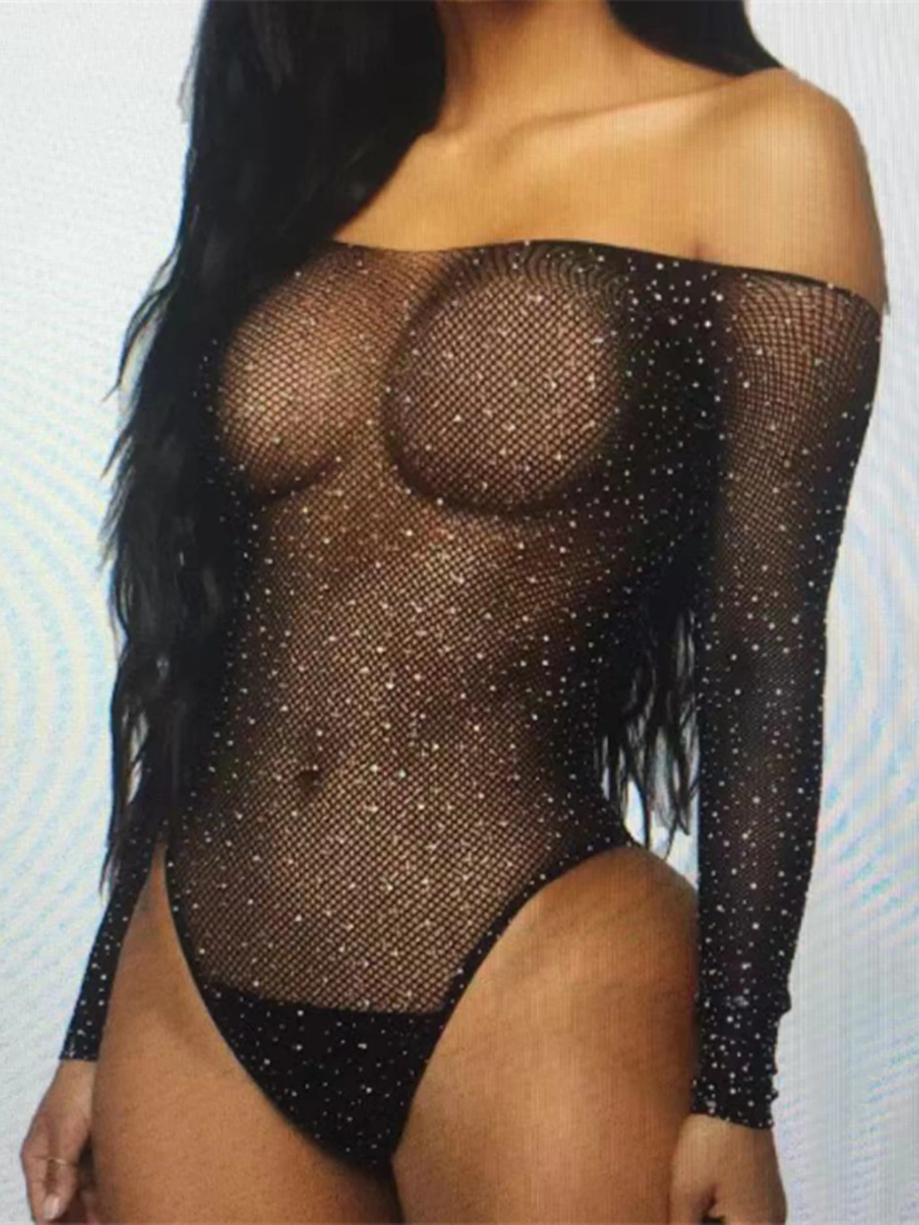 Sexy Rhinestone Erotic Lingerie Women Long Sleeve Fishnet Stockings Women Transparent Women\'s Exotic Costumes Underwear Set New