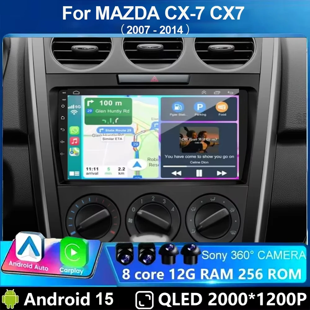 Radio para Auto con Android 15 y Carplay para MAZDA 2007 2008 2009 2010 - 2014 CX-7 CX7 CX 7, Navegación GPS, Reproductor Multimedia Estéreo, Wifi, Bluetooth