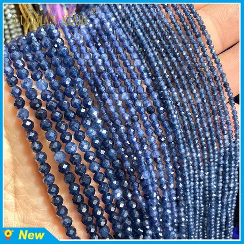 천연 돌 구슬면 처리 된 사파이어 블루 옥수 라운드 느슨한 스페이서 구슬 보석 만들기 DIY 팔찌 목걸이 2-4MM