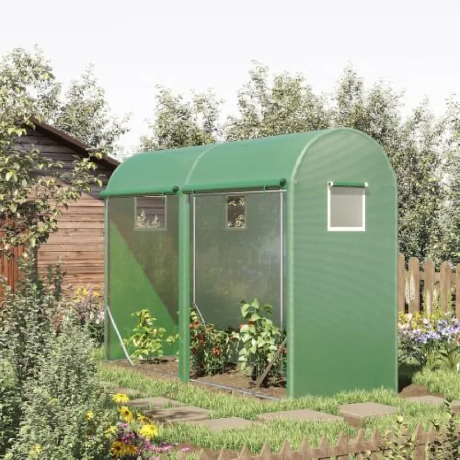 10' x 3' x 7' Walk-in Lean-to Greenhouse, Steel, 2 Doors Green