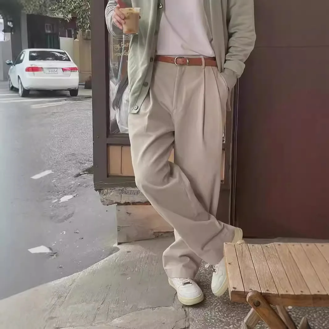 American Vintage Double Pleat Snap Button Straight Trousers Men's Casual Pants