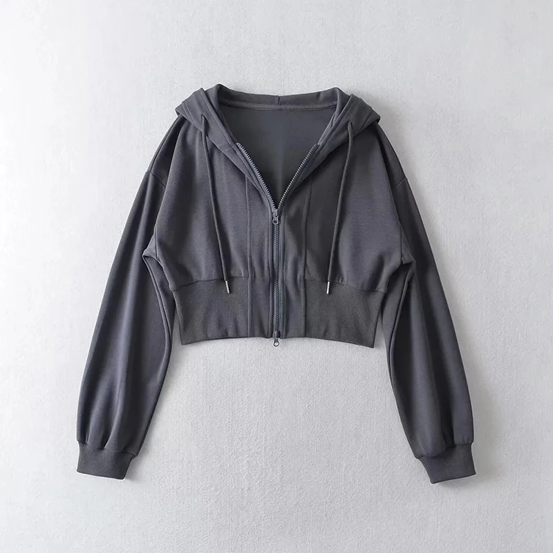 Women Cropped Hoodie Two Way Zipper Jacket Drawstring Hem Sweatshirt Slim Fit Long Sleeve Grey Athletic Yoga Gym Running Top