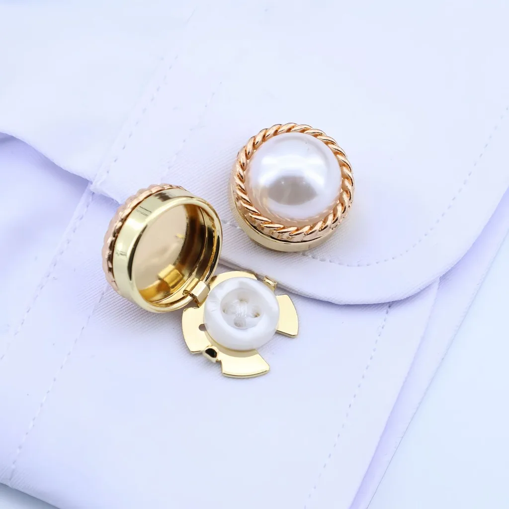 Elegant Pearl Cufflinks Metal Shirt Cuff Buttons with Rope Edge Gold Silver Tone Formal Wear Jewelry for Wedding Business Gifts