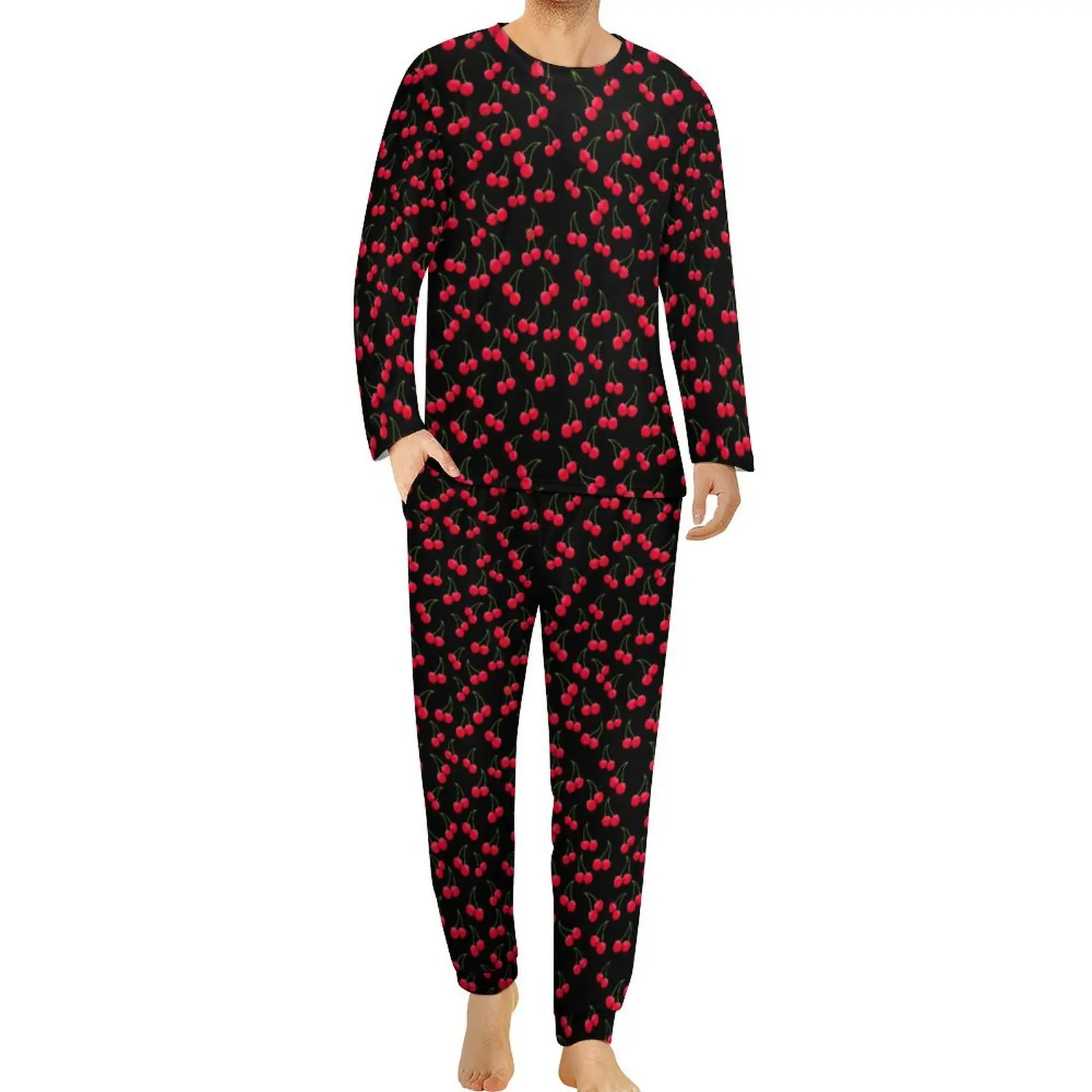 Cherry Jubilee Pajamas Long Sleeve Red Fruit Print 2 Piece Casual Pajamas Set Spring Man Custom Cute Big Size Nightwear