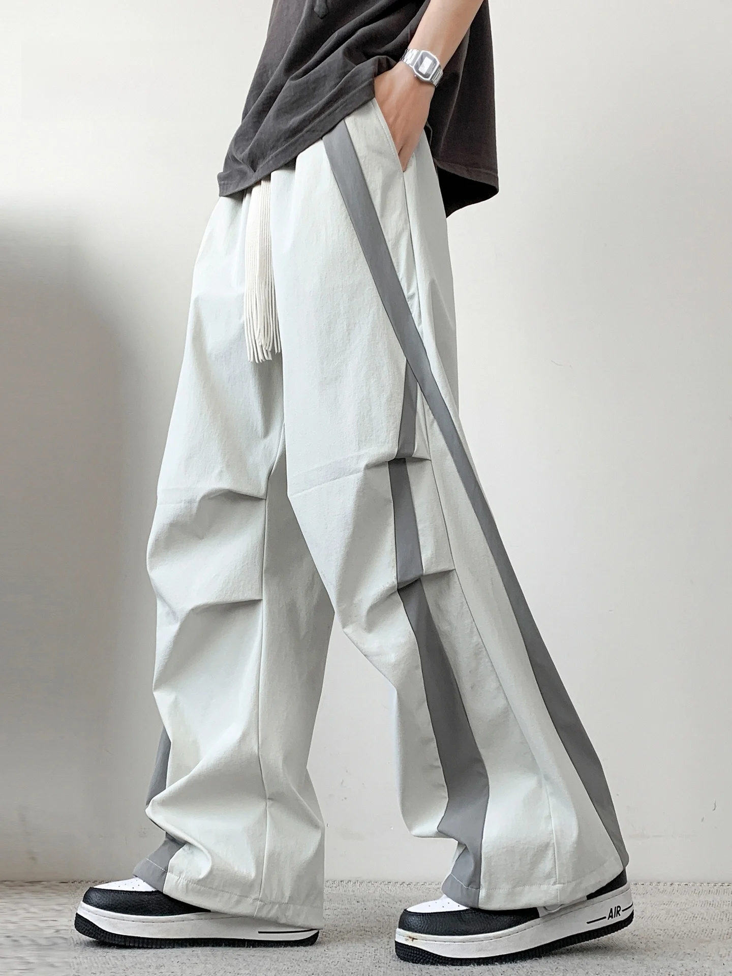 

American High Street Folded Workwear Pants Men Summer Ice Silk Qui Dry Long Trousers Loose Paratrooper Wide Leg Pants