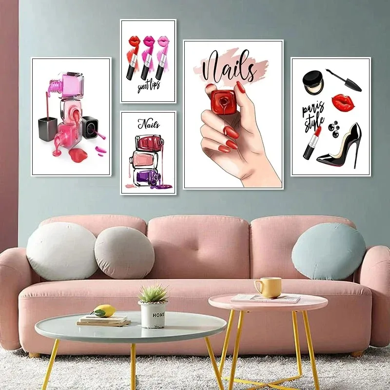 Lipstick Nail Polish Girl Cosmetics PaintingCanvas  Posters and Prints Beauty Salon Nordic Wall Art Pictures for Home Decoration