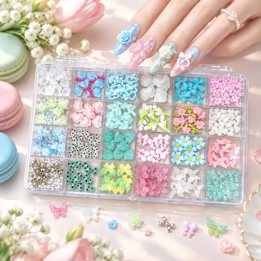 24Grids Mint Fresh Nail Embellishments Playful Bow Daisy Butterfly Glitter Set for Summer Vacation DIY Manicure Nail Art Decor