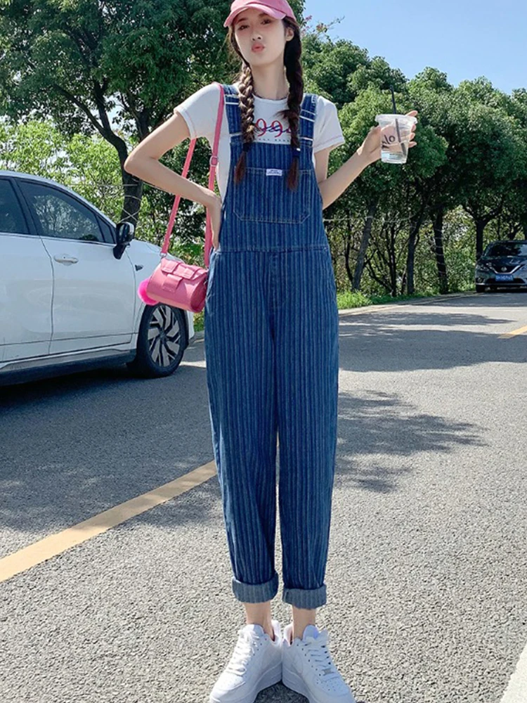 Women Striped Sling Jumpsuit Streetwear Pockets Off Shoulder Blue Jumpsuit Female 2024 Summer New Tide