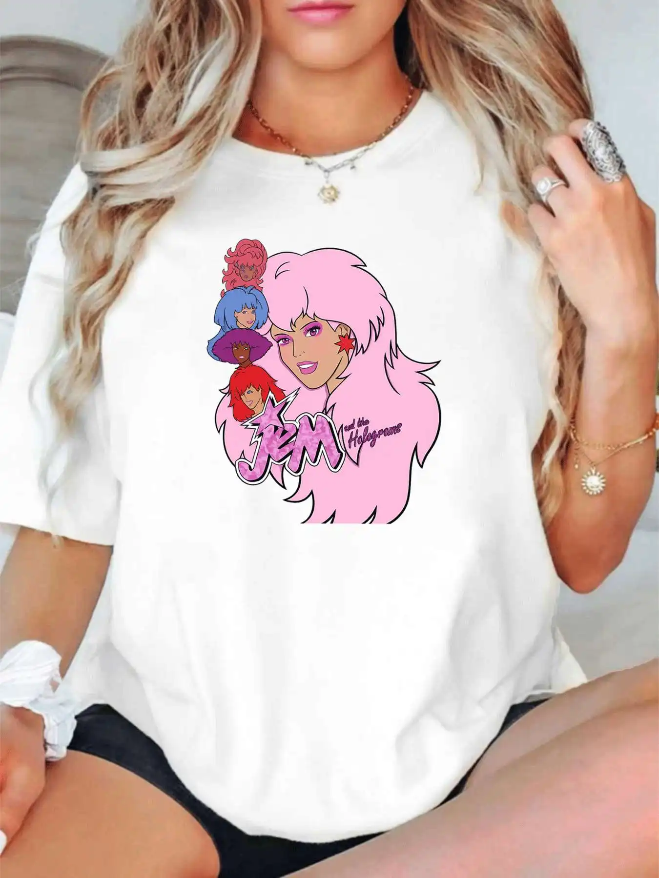 

【1141778】Plus size women's round neck short sleeve T-shirt with elastic half sleeves and trendy prints