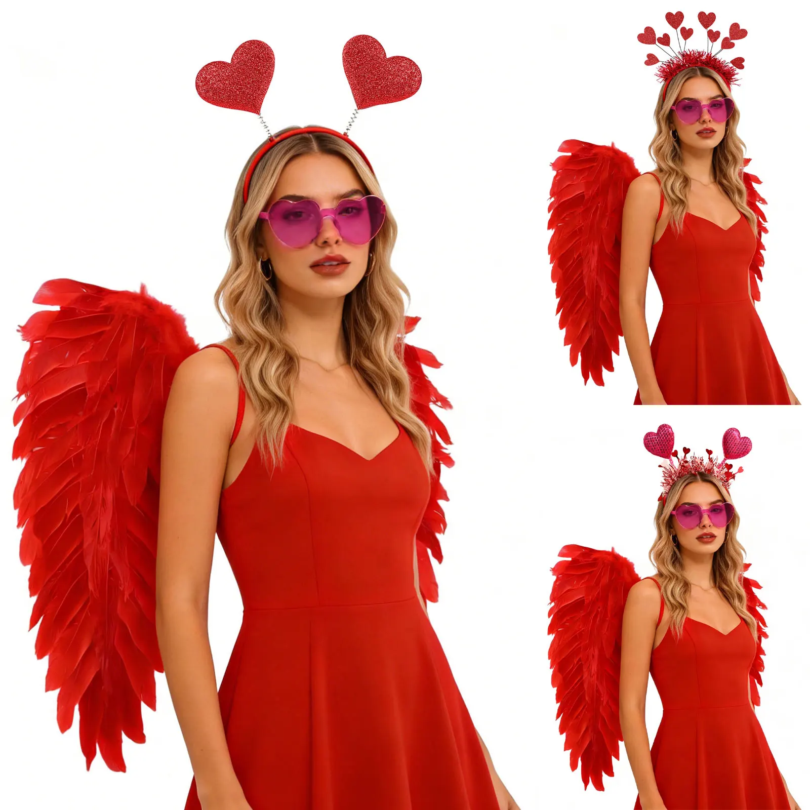 コスプレ ドレスアップ コスチューム アクセサリー 羽根 天使の羽 羽根 ヘッドバンド付き ハート型サングラスセット テーマパーティー用