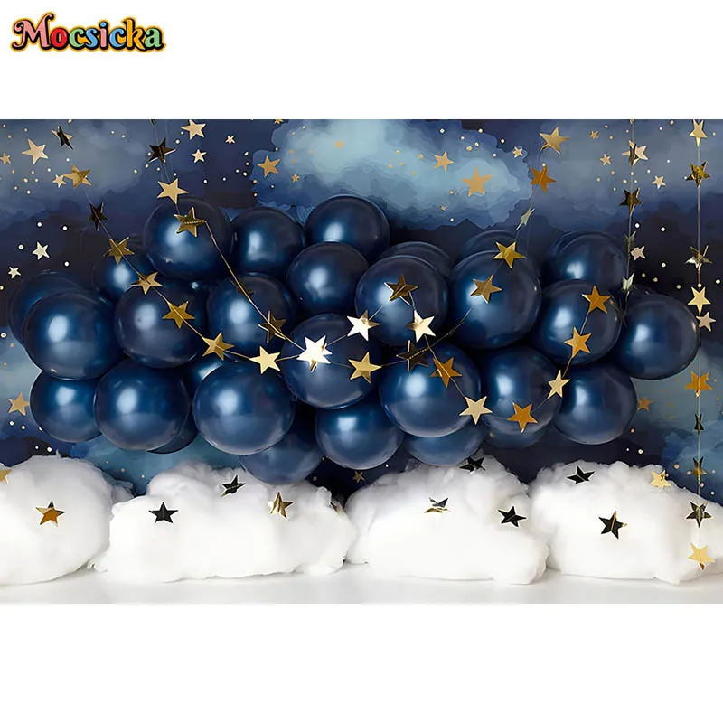 บอลลูนสีฟ้า Gold Star เมฆสีขาว Dream เนบิวลาการถ่ายภาพฉากหลังเด็กวันเกิด Portrait Party Decor เค้ก Smash พื้นหลัง