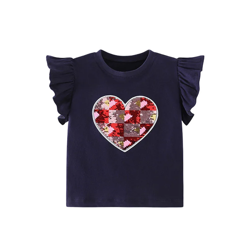 Jumping Meters 2-7T Hearts Beading Girls Tops Hot Selling Cotton Summer Girls Tshirts Baby Clothes Children's Tees Costume