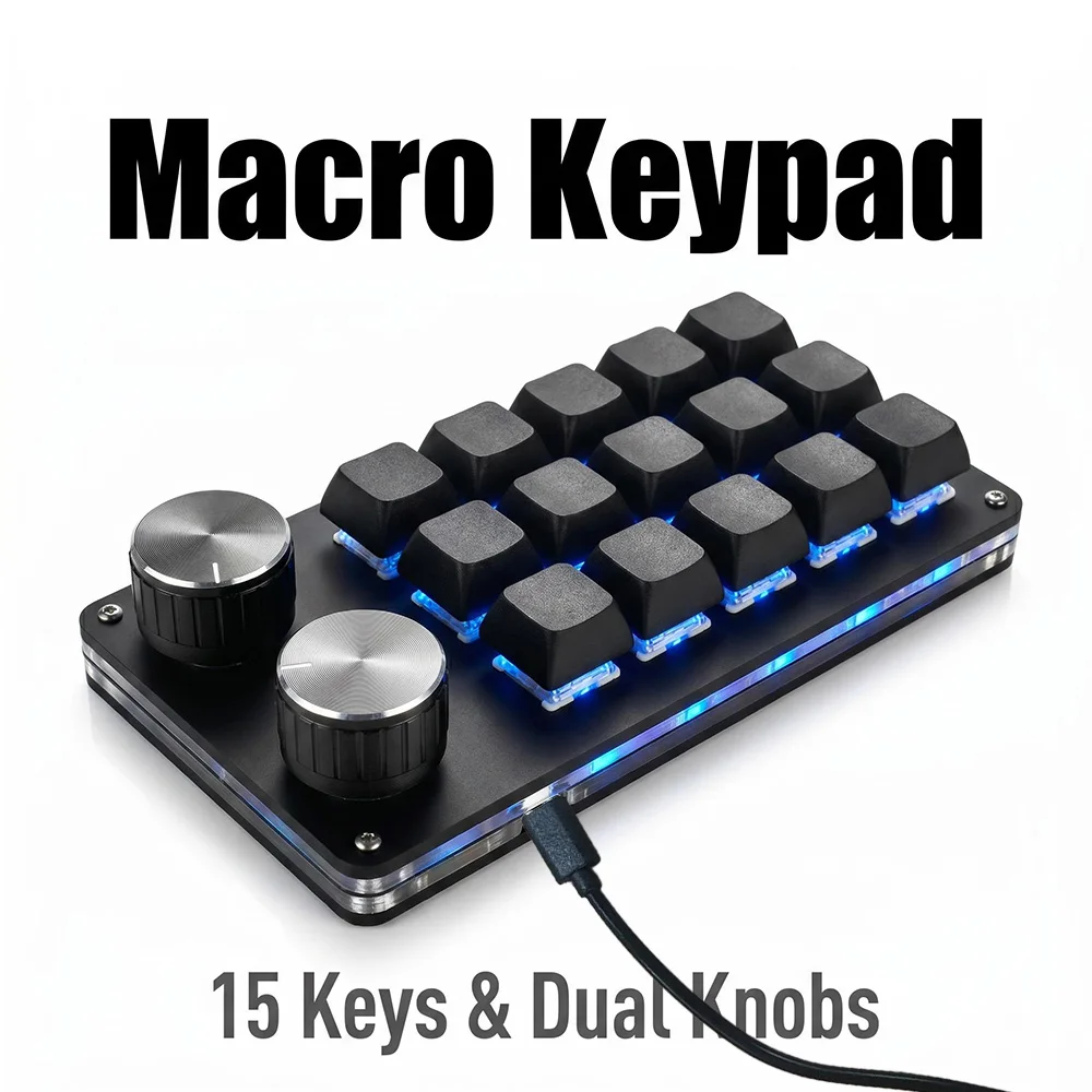 15-Keys Multi-Functional Editing Keyboard, 6-Layer Macro Recording, Full-Key Customization, One-Step Operation for Control