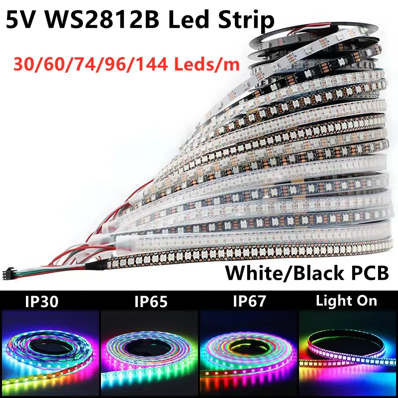 leds m ws2812ic 30 60 144 pixels led enderecaveis dc5v cor sonho luz de tira led inteligente 1m 4m 5m ws2812b preto branco 30 60 144 01