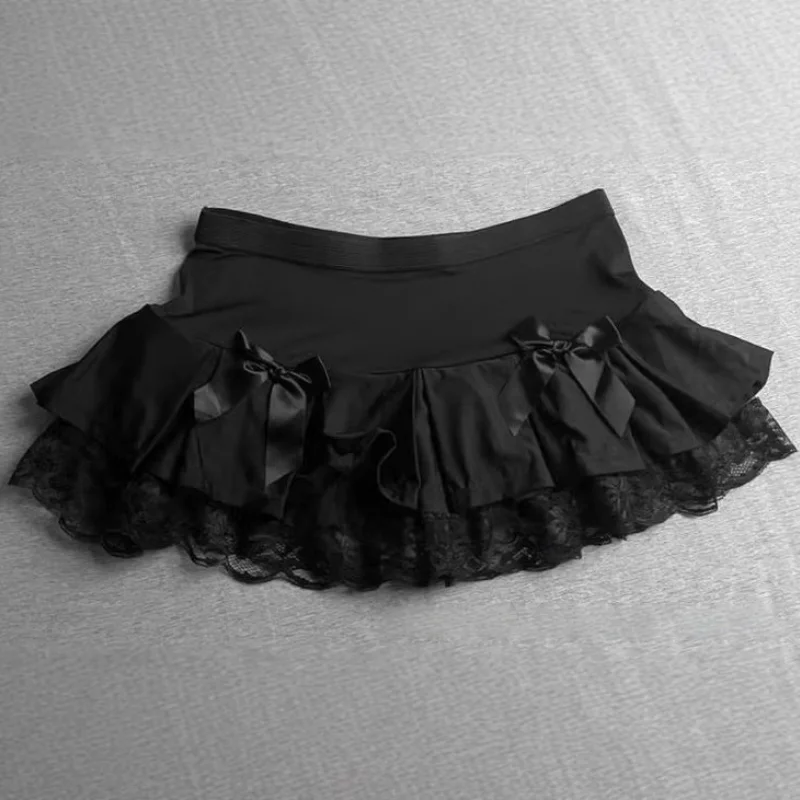 Vintage Goth Dunkler Rock Gotischer Mesh-Spitzen-Plissee-Minirock Damen Harajuku Schleifenknoten-Kleidung Tiefsitzender Spitzen-Rüschen-Puffrock