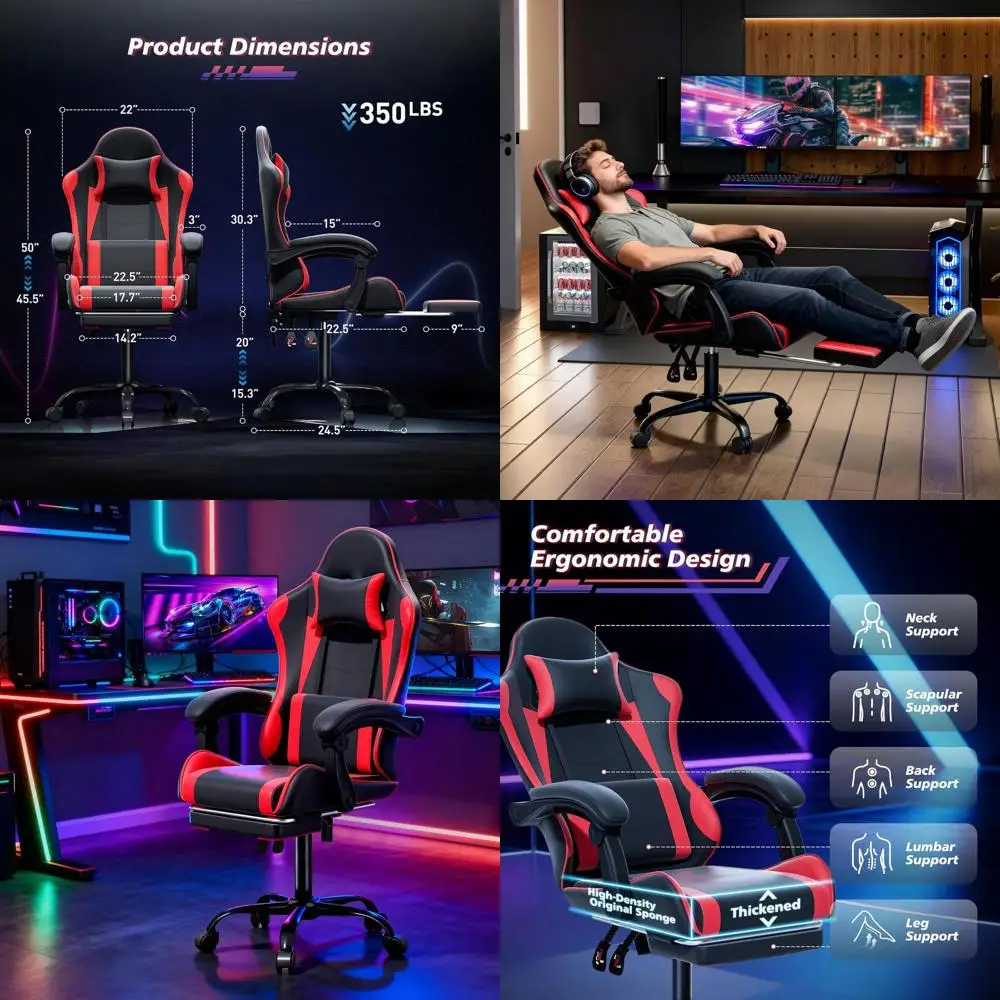 

Ergonomic Adult Gaming Chair with Adjustable Armrests, Footrest, and Headrest, Red, Supports up to 350 lbs