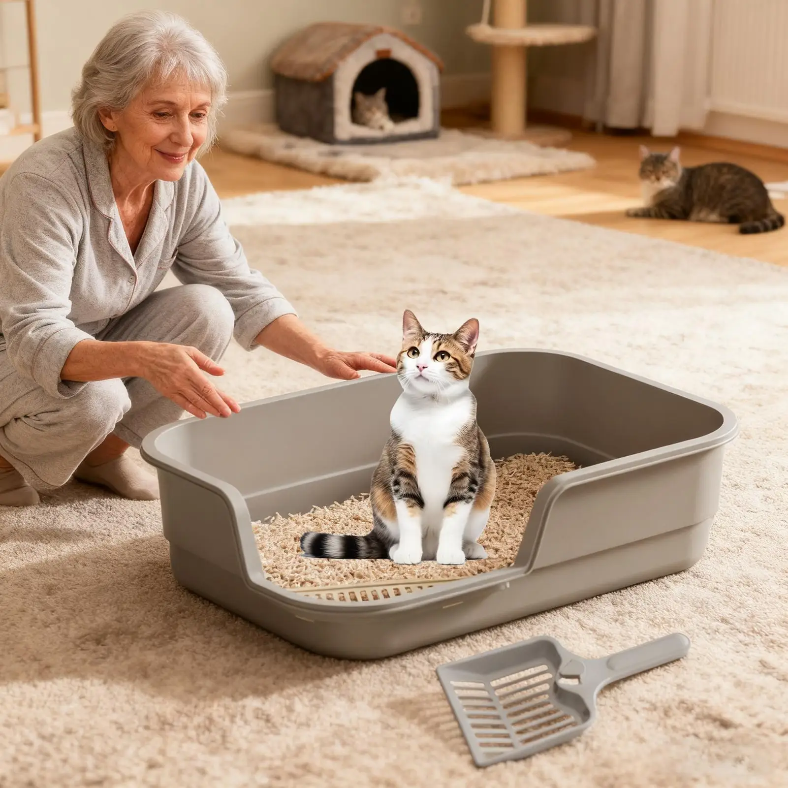 

Large Easy Clean with Scoop Cat Litter Box Open Top Semi Enclosed Litter Box for Odor Control Indoor Kitten Senior Pet Home
