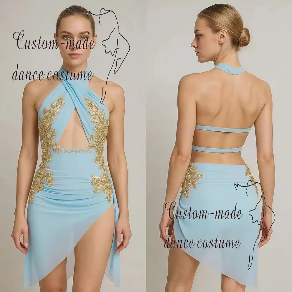 Custom Beige Dance Performance Costume Adorned with Golden Sequins, Suitable for Girls' Stage Competitions and Professional