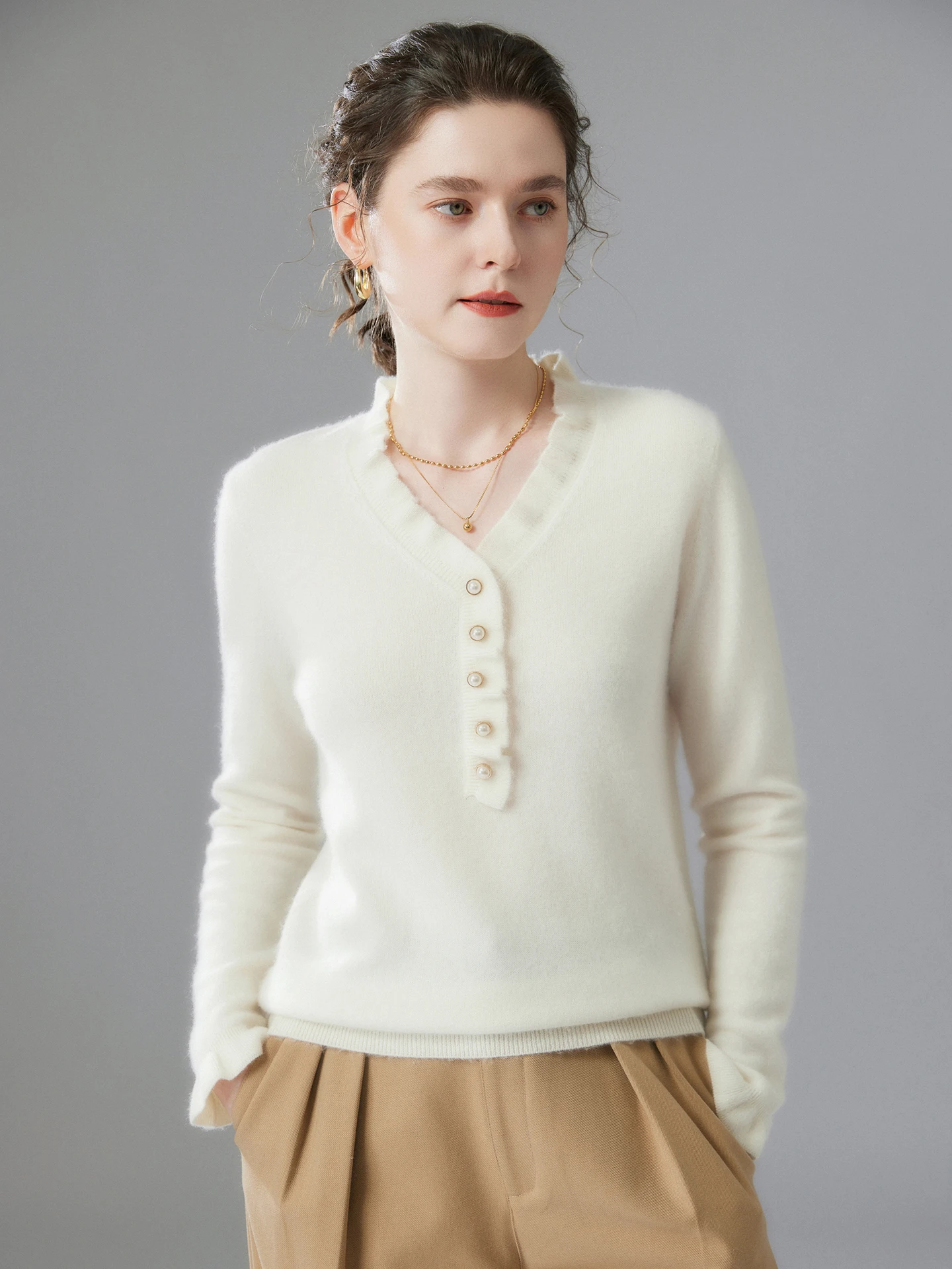 Women's Pleated Collar Knitted Pullover Sweater 100% Cashmere High Neck Sweater Slim Fit Fashionable Versatile Top Autumn Winter